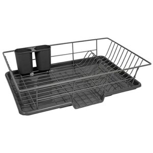 sweet home collection 3 piece metal dish drainer rack set with drying board and utensil holder, 12" x 19" x 5", gray