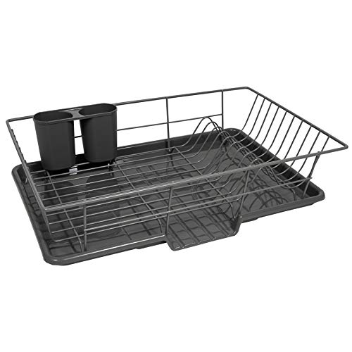 Sweet Home Collection 3 Piece Metal Dish Drainer Rack Set with Drying Board and Utensil Holder, 12" x 19" x 5", Gray