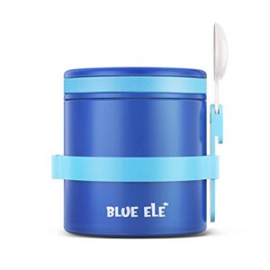 blue ele leakproof, vacuum insulated thermos hot lunch containers with ceramic-coated stainless steel, easy grip lid, and folding spoon, 13.5oz, deep blue