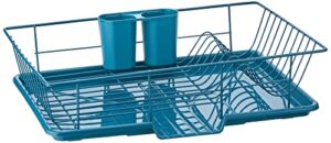 sweet home collection 3 piece dish drainer rack set with drying board and utensil holder, 12" x 19" x 5", teal