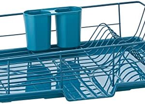 Sweet Home Collection 3 Piece Dish Drainer Rack Set with Drying Board and Utensil Holder, 12" x 19" x 5", Teal