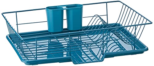 Sweet Home Collection 3 Piece Dish Drainer Rack Set with Drying Board and Utensil Holder, 12" x 19" x 5", Teal