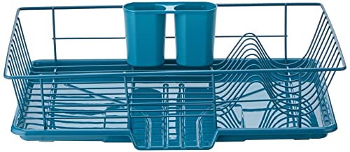 Sweet Home Collection 3 Piece Dish Drainer Rack Set with Drying Board and Utensil Holder, 12" x 19" x 5", Teal