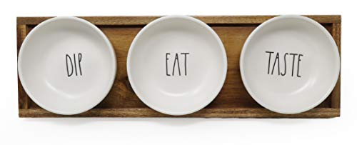 Rae Dunn By Magenta 4 Piece DIP EAT TASTE Ceramic LL Dip Bowl Serving Platter Set With Wood Tray 2019 Limited Edition