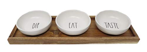 Rae Dunn By Magenta 4 Piece DIP EAT TASTE Ceramic LL Dip Bowl Serving Platter Set With Wood Tray 2019 Limited Edition