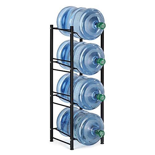 4-Tier Water Bottle Holder Cooler Jug Rack Organizer, 5 Gallon Water Bottle Stackable Storage Shelves Detachable Water Dispenser Stainless Steel Rack Easy Assemble for Kitchen Drawing Room, Black