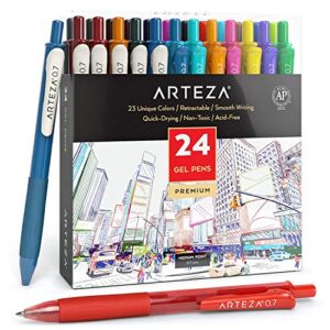 arteza colored gel pens, pack of 24, 10 vintage and 14 vibrant colors, fine 0.7 mm tip, retractable, art supplies for journaling, drawing, doodling, and notetaking