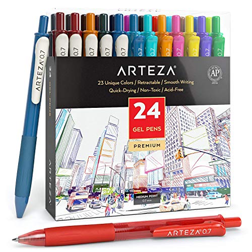 ARTEZA Colored Gel Pens, Pack of 24, 10 Vintage and 14 Vibrant Colors, Fine 0.7 mm Tip, Retractable, Art Supplies for Journaling, Drawing, Doodling, and Notetaking