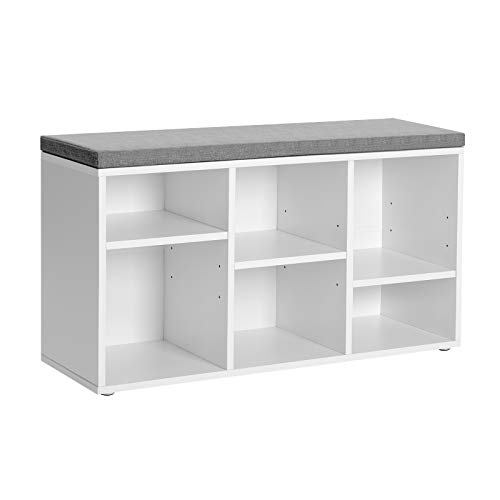 VASAGLE Shoe Bench, Shoe Storage Organizer with 6 Compartments and 3 Adjustable Shelves, Cushioned Seat, Compact and Narrow, for Entryway, Hallway, Closet, White and Gray ULHS23WT