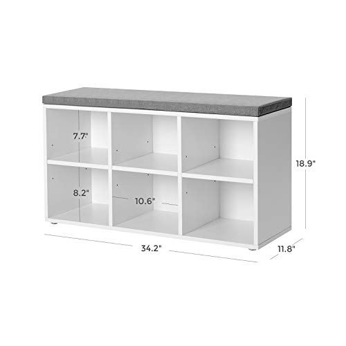 VASAGLE Shoe Bench, Shoe Storage Organizer with 6 Compartments and 3 Adjustable Shelves, Cushioned Seat, Compact and Narrow, for Entryway, Hallway, Closet, White and Gray ULHS23WT