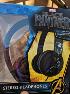 black panther headphones, adjustable headband, stereo sound, 3.5mm jack, wired headphones, tangle-free, volume control, foldable, kids headphones over ear for school home travel