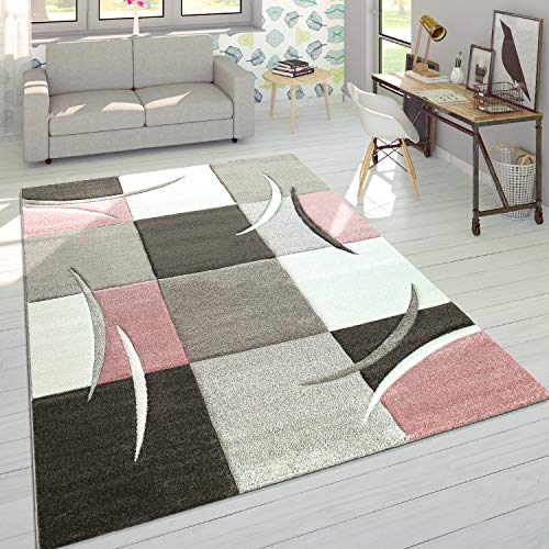 Area Rug Pastel Colours Checked in Pink Anthracite/ Gray White, Size:2' x 3'7"