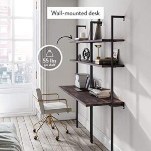 Nathan James Theo 2-Shelf Industrial Wall Mount Ladder Table, Small Computer or Writing Desk, Nutmeg/Matte Black