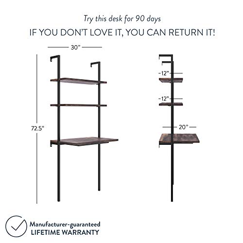 Nathan James Theo 2-Shelf Industrial Wall Mount Ladder Table, Small Computer or Writing Desk, Nutmeg/Matte Black