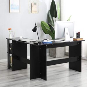 sogesfurniture L-Shaped Home Office Wood Corner Desk Office L-Shaped Desk with 2 Shelves is Compact L-Shaped Desk with Open Bookshelves, BHUS-XTD-SC01-BK