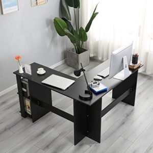 sogesfurniture L-Shaped Home Office Wood Corner Desk Office L-Shaped Desk with 2 Shelves is Compact L-Shaped Desk with Open Bookshelves, BHUS-XTD-SC01-BK