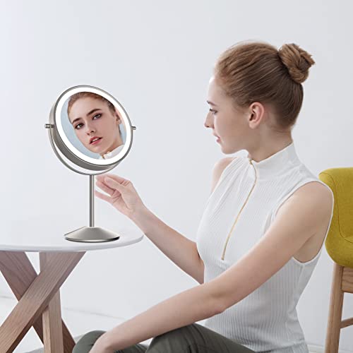 Lighted Makeup Mirror with Magnification, Rechargeable Double Sided 10X Magnifying Mirror with Light, 8 Inch Makeup Vanity Mirror with 3 Light Setting, Touch Control, Desktop Cosmetic Light Up Mirror