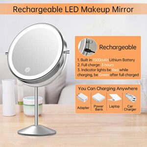 Lighted Makeup Mirror with Magnification, Rechargeable Double Sided 10X Magnifying Mirror with Light, 8 Inch Makeup Vanity Mirror with 3 Light Setting, Touch Control, Desktop Cosmetic Light Up Mirror