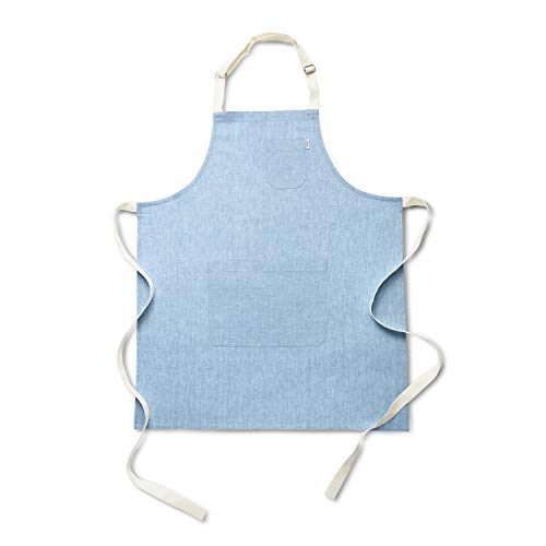 Solino Home Linen Kitchen Apron – 100% Pure Linen Bib Apron for Men & Women with front Pockets – Light Blue, Handcrafted from European Flax