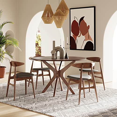 Limari Home Poype Collection Modern Style Walnut Finished Round 4 Persons 47" Dining Table with Solid Wood Legs and Base, Brown