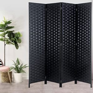 Rose Home Fashion 6 ft.Tall 16in Wide Room & Wall Dividers,Double Side Woven Fiber Divider,Better Privacy Screen,Folding Partition,Space Seperate Indoor Decorative 4 Panel Screen,Freestanding- Black