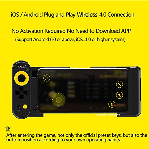 ipega PG-9167 Mobile Game Controller, With Stretchable Wireless 4.0 Smart PUBG Gamepad Controller for Samsung Galaxy S10/S10+ /S21 S22+5G/Huawei Mate40 Pro P40 P30 Android Mobile Smartphone Tablet