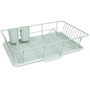 sweet home collection 3 piece metal, plasic dish drainer rack set with drying board and utensil holder, 12" x 19" x 5", mint