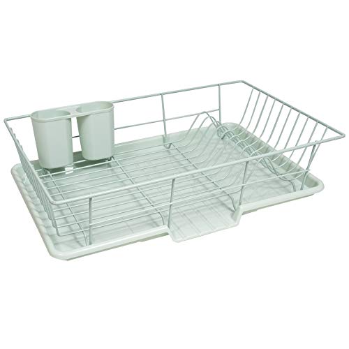 Sweet Home Collection 3 Piece Metal, Plasic Dish Drainer Rack Set with Drying Board and Utensil Holder, 12" x 19" x 5", Mint