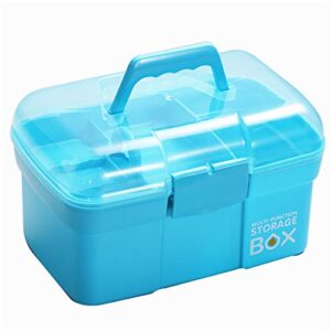 sunxenze 11'' clear plastic craft storage box, sewing box organizer with removable tray, art storage box with handle (light blue)