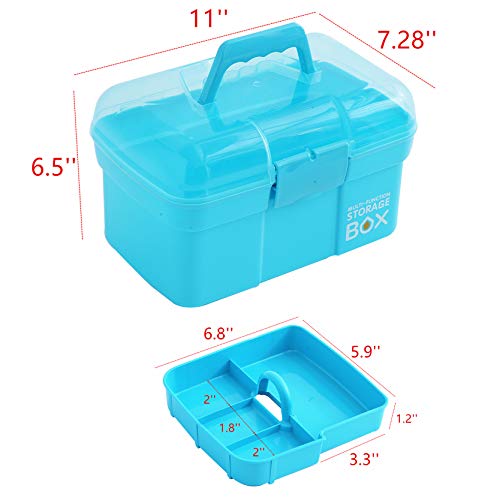 Sunxenze 11'' Clear Plastic Craft Storage Box, Sewing Box Organizer with Removable Tray, Art Storage Box with Handle (Light Blue)