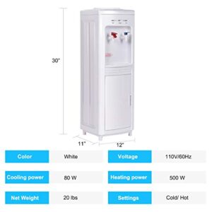 COSTWAY Water Cooler Dispenser for 3-5 Gallon Bottle, Top Loading Hot and Cold Water Dispenser with Storage Cabinet, Child Lock, Water Cooler with Compression Refrigeration Technology, White