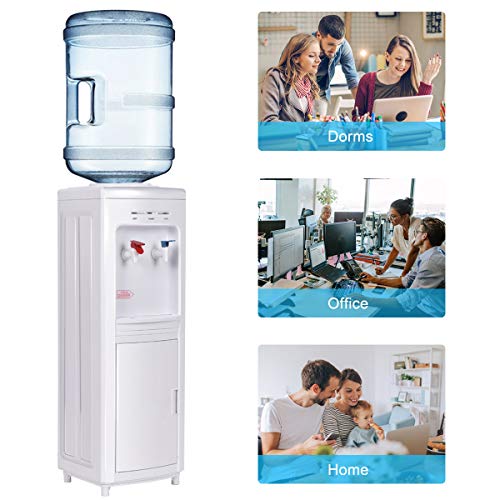 COSTWAY Water Cooler Dispenser for 3-5 Gallon Bottle, Top Loading Hot and Cold Water Dispenser with Storage Cabinet, Child Lock, Water Cooler with Compression Refrigeration Technology, White