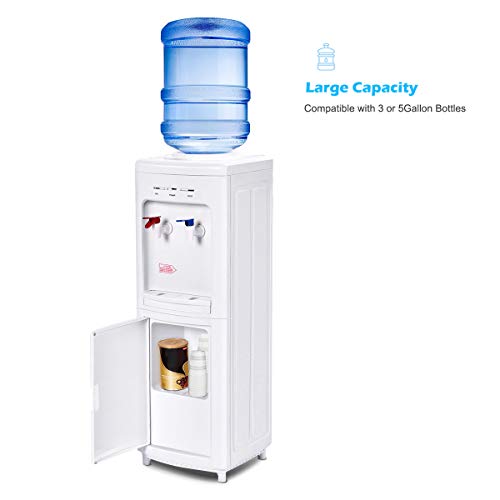 COSTWAY Water Cooler Dispenser for 3-5 Gallon Bottle, Top Loading Hot and Cold Water Dispenser with Storage Cabinet, Child Lock, Water Cooler with Compression Refrigeration Technology, White