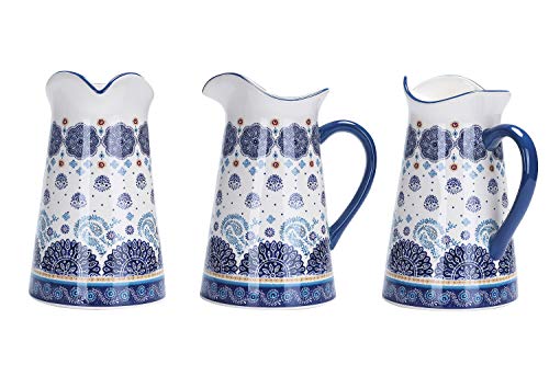 Bico Blue Talavera Ceramic 2.5 Quarts Pitcher with Handle, Decorative Vase for Flower Arrangements, Dishwasher Safe