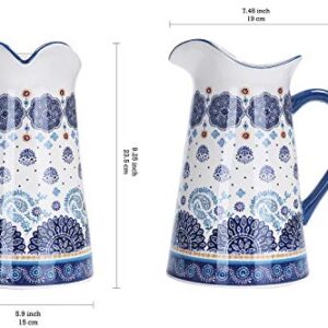 Bico Blue Talavera Ceramic 2.5 Quarts Pitcher with Handle, Decorative Vase for Flower Arrangements, Dishwasher Safe