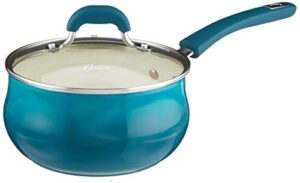 oster corbett forged aluminum sauce pan w/lid-ceramic non-stick-induction base-soft touch bakelite handle, 3 qt, gradient teal