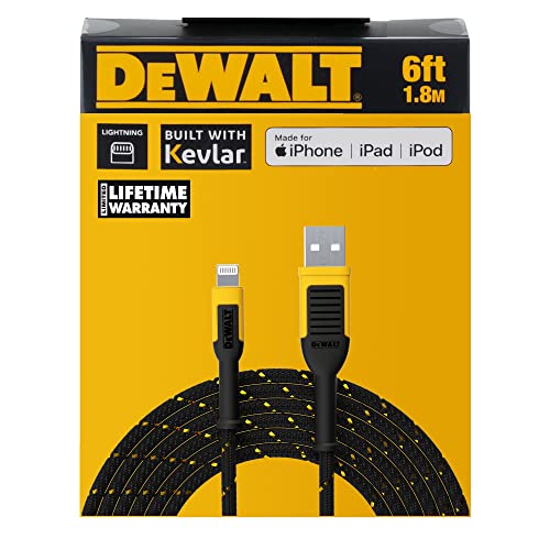 DEWALT Lightning to USB Cable — Reinforced Braided Cable for Lightning — Charger Cord Compatible With iPhone — Apple Compatible Charging Cable — 6 ft