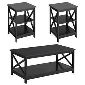 yaheetech wood living room 3-piece table sets - includes x-design coffee table& two 3-tier end side tables, easy assembly home accent furniture