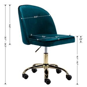 Guyou Pink Velvet Gold Desk Chair with Wheels Armless Upholstered Vanity Chair, Rolling Swivel Small Task Chair Home Desk Chair for Home Office Studio (Peacock Blue)