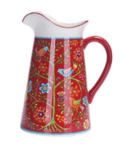 bico red spring bird ceramic 2.5 quarts pitcher with handle, decorative vase for flower arrangements, dishwasher safe