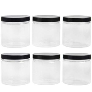 sbyure 6 pack 15 oz round clear plastic jars with black lids,round pet airtight containers for kitchen & household food storage,dry goods,honey,nuts and more