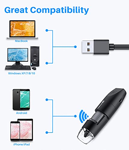 Wireless Digital Microscope Handheld USB HD Inspection Camera 50x-1000x Magnification with Flexible Stand Compatible with iPhone, iPad, Samsung Galaxy, Android, Mac, Windows Computer (Black)