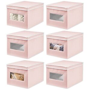 mdesign large fabric stackable closet storage organizer box, front window/lid for bedroom, office, mudroom organization, hold clothes, blankets, linens, jane collection, 6 pack, pink/white
