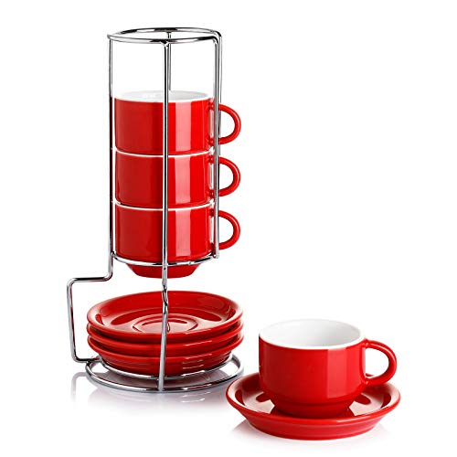 Sweese 4 Ounce Porcelain Stackable Espresso Cups with Saucers and Metal Stand Set of 4, Red - 405.404