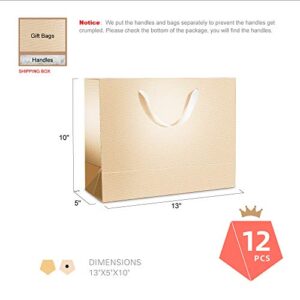 PACKQUEEN 12 Large Gift Bags 13x5x10 Inches, Glossy Champagne Gold Gift Bags Bulk, Extra Large Gift Bags with Handles for All Occasions (Glossy Champagne Gold with Grain Texture)