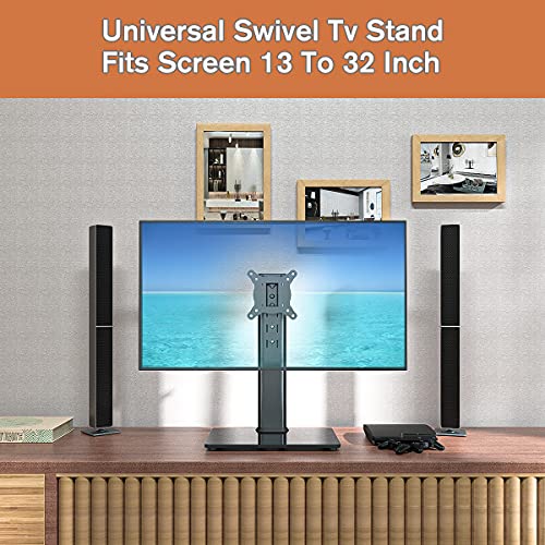 Universal Swivel TV Stand/Base Table Top TV Stand for 13 to 32 inch TVs with 100 Degree Swivel, 4 Level Height Adjustable, Heavy Duty Tempered Glass Base, Holds up to 77lbs, HT07B-001