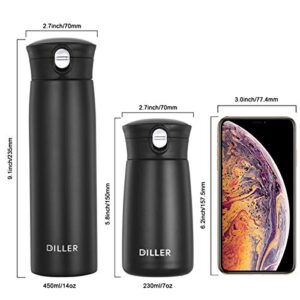 Diller Thermal Water Bottle, Coffee Travel Mug 16 or 8 oz Kids Mini Water Bottle Tumbler with Spout Lid, Leak Proof Flask for Kids and Women Keep 12H Piping Hot & 24H Cold (Black, 8 oz)