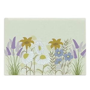 ambesonne floral cutting board, composition of blossoming spring wildflowers chamomiles and lavenders, decorative tempered glass cutting and serving board, large size, eggshell and multicolor
