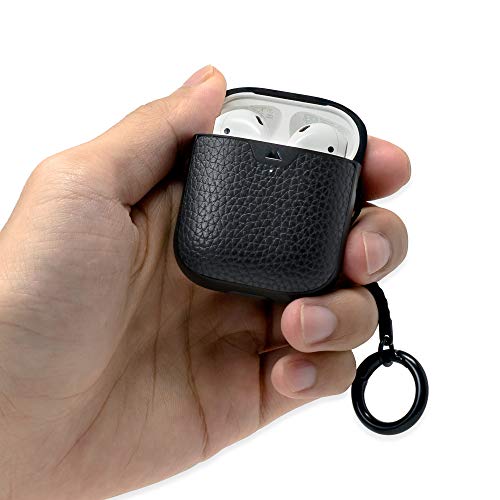 Mous - Protective Case Cover for AirPods 1st and 2nd Generation with Keychain, Wireless Charging Compatible - Genuine Leather - Black - AirPod Accessories