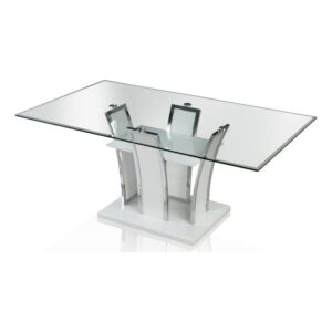 benjara wooden dining table with pedestal base and chrome trim details, white